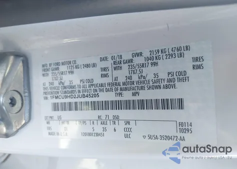 2018 Ford Escape Sel z USA, uszkodzony, nr VIN 1FMCU9HD2JUB45205